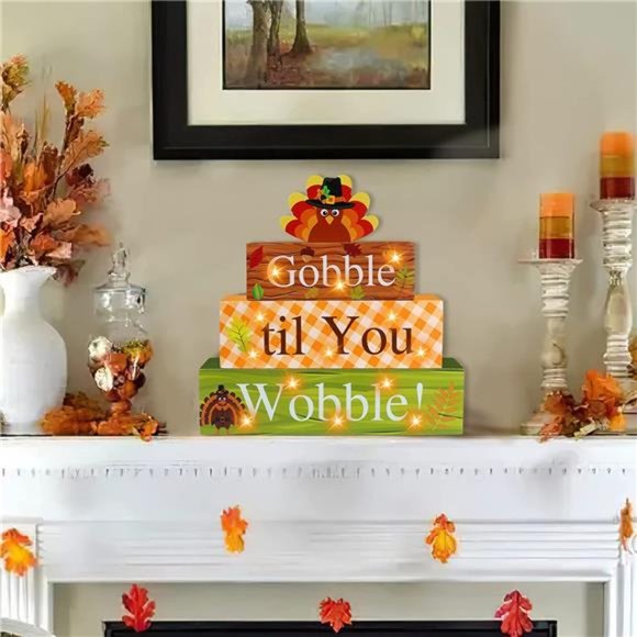 Thanksgiving Wooden Block Sign with Led Lights- Gobble til You Wobble - Picture 1 of 6